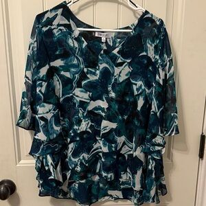 Jennifer Lopez Teal and White Floral Blouse